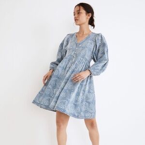 Madewell Bubble-Sleeve Button-Front Mini Dress in Indigo Paisley, Size M